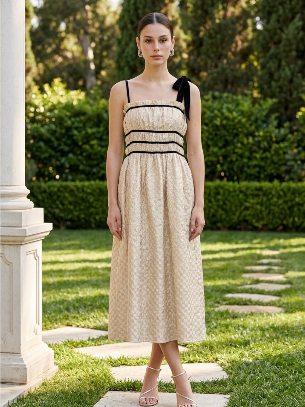 Cream Midi Dress with Black Trim and Shoulder Bow